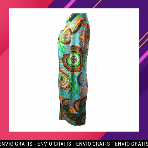 LPSM-046 Vestido estampado fondo turquesa botones y cuello camisero