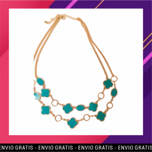 LPSM-169 Collar Doble Flores Turquesa Dorado