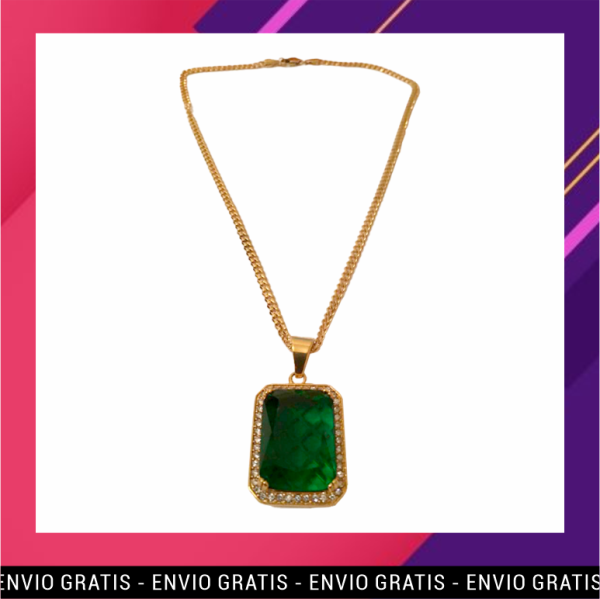 Cadena de Acero en Oro y Piedra Verde